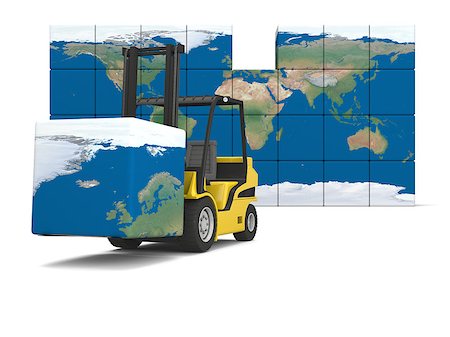 simsearch:400-06171843,k - Concept of International logistics, modern yellow forklift carrying piece of global map, isolated on white background. Elements of this image furnished by NASA. Foto de stock - Super Valor sin royalties y Suscripción, Código: 400-07316944