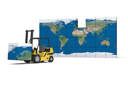 simsearch:400-06171843,k - Concept of International logistics, modern yellow forklift carrying piece of global map, isolated on white background. Elements of this image furnished by NASA. Foto de stock - Super Valor sin royalties y Suscripción, Código: 400-07316945