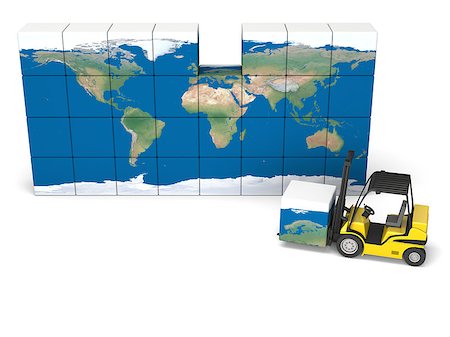 simsearch:400-04167254,k - Concept of International logistics, modern yellow forklift carrying piece of global map, isolated on white background. Elements of this image furnished by NASA. Stock Photo - Budget Royalty-Free & Subscription, Code: 400-07316943