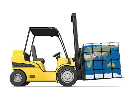 simsearch:400-06096469,k - Concept of global transportation, modern yellow forklift carrying planet Earth in form of cube, isolated on white background. Elements of this image furnished by NASA. Stock Photo - Budget Royalty-Free & Subscription, Code: 400-07316959