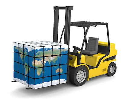 simsearch:400-04167254,k - Concept of global transportation, modern yellow forklift carrying planet Earth in form of cube, isolated on white background. Elements of this image furnished by NASA. Stock Photo - Budget Royalty-Free & Subscription, Code: 400-07316966