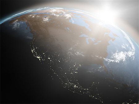 simsearch:400-08371074,k - Space view of the sun rising over North America on planet Earth. Fotografie stock - Microstock e Abbonamento, Codice: 400-07316984