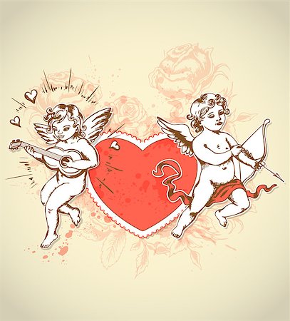 simsearch:400-08347146,k - Vintage card for Valentine's Day with red heart and cupids Stock Photo - Budget Royalty-Free & Subscription, Code: 400-07317128