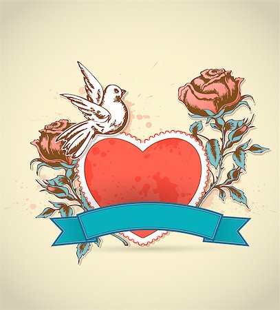 simsearch:400-08347146,k - Vintage card for Valentine's Day with red heart, roses and dove Stock Photo - Budget Royalty-Free & Subscription, Code: 400-07317136