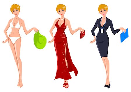 Cartoon illustration of an attractive blond woman dress up for three different occasions Stock Photo - Budget Royalty-Free & Subscription, Code: 400-07318737