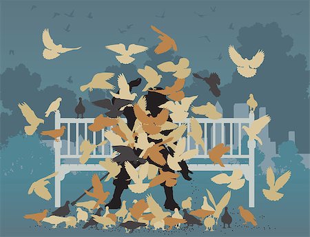 simsearch:400-07319551,k - Editable vector illustration of a man on a park bench smothered by pigeons Stockbilder - Microstock & Abonnement, Bildnummer: 400-07319553