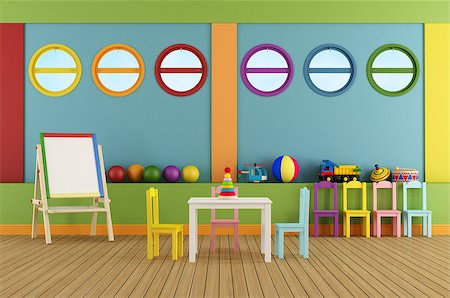 Preschool classroom with white board,toys, table and chair - rendering Foto de stock - Super Valor sin royalties y Suscripción, Código: 400-07310031