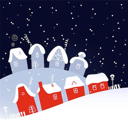 snowy night at home - Christmas village on snowing background. Vector Illustration Stock Photo - Budget Royalty-Free & Subscription, Code: 400-07312073