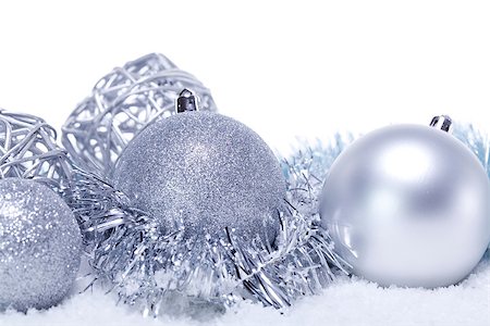 glitter silver christmas baubles decoration holidays isolated on white Stock Photo - Budget Royalty-Free & Subscription, Code: 400-07312234