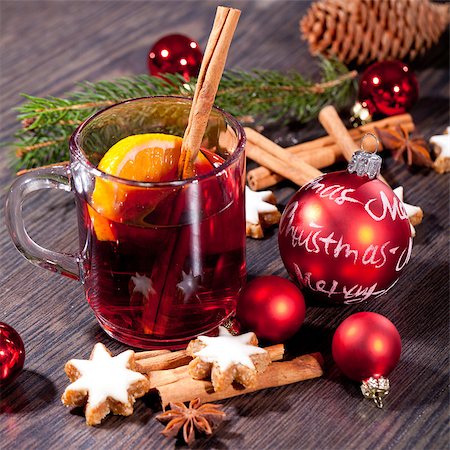 festive glitter christmas decoration bauble seasonal wintehot tasty spicy mulled red wine with orange and cinnamon christmas time winter Stock Photo - Budget Royalty-Free & Subscription, Code: 400-07312466