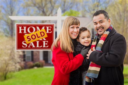 pictures of families with the sold sign on new house - Warmly Dressed Young Mixed Race Family in Front of Sold Home For Sale Real Estate Sign and House. Stock Photo - Budget Royalty-Free & Subscription, Code: 400-07313068