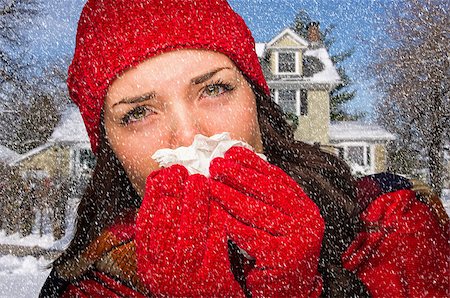 simsearch:400-06462603,k - Miserable Sick Woman In Falling Snow Blowing Her Sore Nose With Tissue Outside. Stock Photo - Budget Royalty-Free & Subscription, Code: 400-07313073