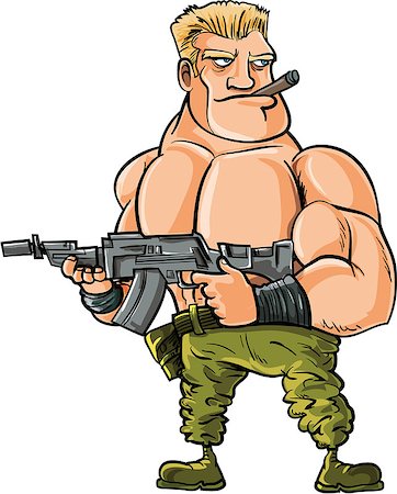 Cartoon muscle soldier with big machine gun. Isolated Stock Photo - Budget Royalty-Free & Subscription, Code: 400-07313760