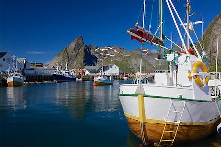 Traditional norwegian fishing boats in harbor on Lofoten islands Stock Photo - Budget Royalty-Free & Subscription, Code: 400-07313792