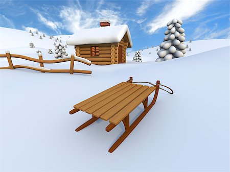 Picturesque winter scenery with log cabin and sledge Stock Photo - Budget Royalty-Free & Subscription, Code: 400-07324363