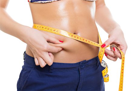 pinching hand - Closeup of fit young woman's torso in bikini and shorts showing her belly fat pinching it. Dieting fitness and healthy lifestyle. Isolated on white background. Stock Photo - Budget Royalty-Free & Subscription, Code: 400-07324419