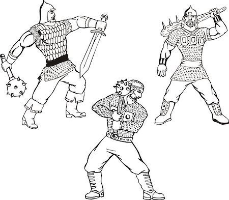 simsearch:400-07101892,k - Russian bogatyr warriors. Set of black and white vector illustrations. Stock Photo - Budget Royalty-Free & Subscription, Code: 400-07324569
