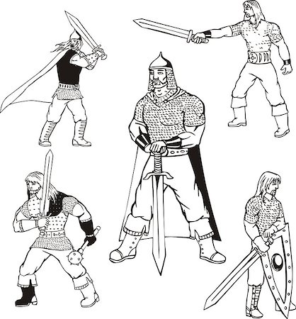 Russian bogatyr warriors with swords. Set of black and white vector illustrations. Stock Photo - Budget Royalty-Free & Subscription, Code: 400-07324574