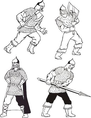 Russian bogatyr warriors. Set of black and white vector illustrations. Stock Photo - Budget Royalty-Free & Subscription, Code: 400-07324570