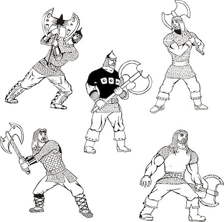 Russian bogatyr warriors with pole-axes. Set of black and white vector illustrations. Stock Photo - Budget Royalty-Free & Subscription, Code: 400-07324572