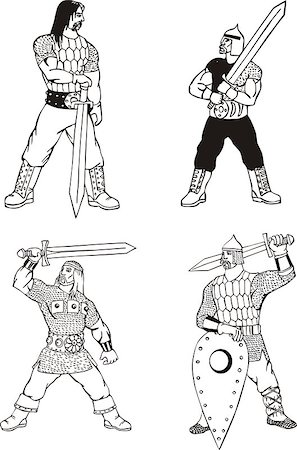 Russian bogatyr warriors with swords. Set of black and white vector illustrations. Stock Photo - Budget Royalty-Free & Subscription, Code: 400-07324573