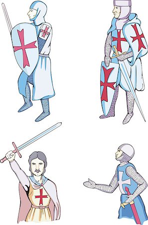 Set of medieval crusader knights with swords. Vector illustration. Stock Photo - Budget Royalty-Free & Subscription, Code: 400-07324645