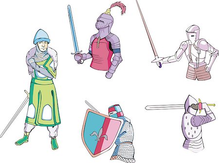 Set of medieval knights with swords. Vector illustration. Stock Photo - Budget Royalty-Free & Subscription, Code: 400-07324650
