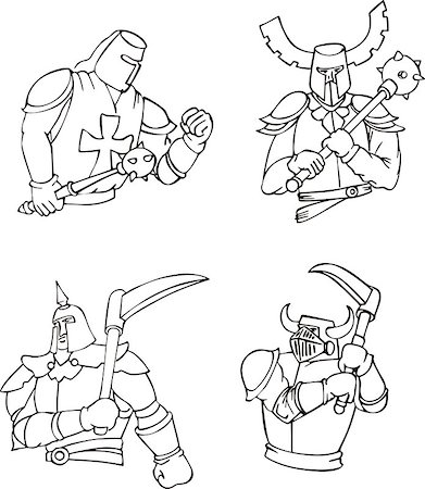 simsearch:400-07101892,k - Set of medieval knights with mace and scythe. Outline vector illustrations. Stock Photo - Budget Royalty-Free & Subscription, Code: 400-07324664