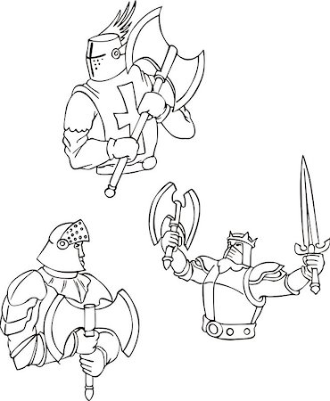 Set of medieval knights with pole-axes. Outline vector illustrations. Stock Photo - Budget Royalty-Free & Subscription, Code: 400-07324665