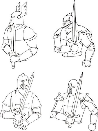 Set of medieval knights with swords. Outline vector illustrations. Stock Photo - Budget Royalty-Free & Subscription, Code: 400-07324666