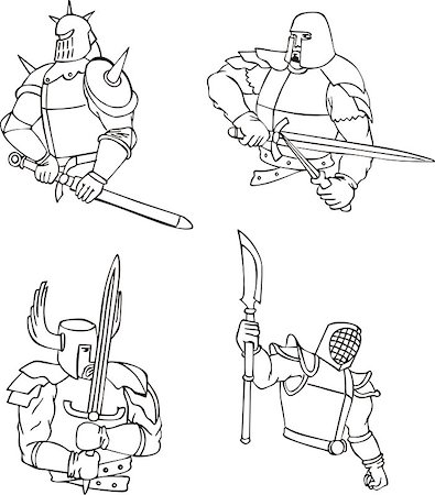 Set of medieval knights with swords. Outline vector illustrations. Stock Photo - Budget Royalty-Free & Subscription, Code: 400-07324669
