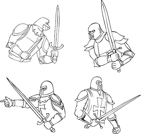 Set of medieval knights with swords. Outline vector illustrations. Stock Photo - Budget Royalty-Free & Subscription, Code: 400-07324671