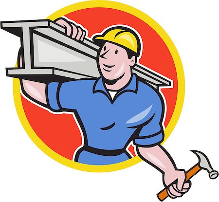 Illustration of construction steel worker carpenter carrying i-beam girder on shoulder set inside circle on isolated white background done in cartoon style. Stock Photo - Budget Royalty-Free & Subscription, Code: 400-07325228