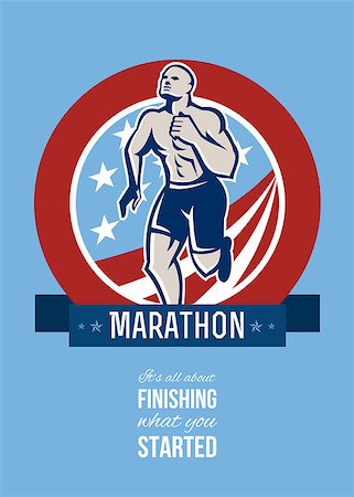 simsearch:400-08629212,k - Poster greeting card illustration showing an American marathon runner running facing front set inside circle with stars and stripes flag done in retro style with words Marathon it's all about finishing what you started. Fotografie stock - Microstock e Abbonamento, Codice: 400-07325234