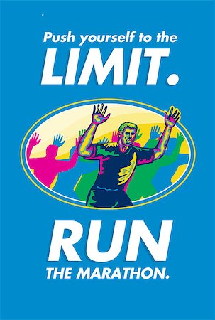 Poster greeting card illustration showing a happy marathon runner running with hands up done in retro style with words Push yourself to the limit, Run the Marathon. Stock Photo - Budget Royalty-Free & Subscription, Code: 400-07325235