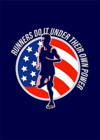 simsearch:400-08629212,k - Poster greeting card illustration showing a marathon runner running jogging with American stars and stripes flag set inside circle done in retro style with words Runners do it under their own power. Foto de stock - Super Valor sin royalties y Suscripción, Código: 400-07325237