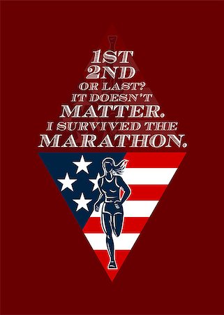 Poster greeting card illustration showing a female marathon runner front view with american stars and stripes flag in background done in retro style with words Achieve something, Run the Marathon. Stock Photo - Budget Royalty-Free & Subscription, Code: 400-07325239