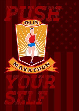 simsearch:400-08629212,k - Poster greeting card illustration showing a silhouette of Marathon runner running race sunburst and set inside shield done in retro style words run marathon Push Yourself. Fotografie stock - Microstock e Abbonamento, Codice: 400-07325233