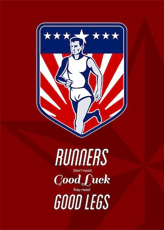 simsearch:400-08629212,k - Poster greeting card illustration showing a Marathon runner done in retro style with american flag stars and stripes and sunburst in shield background with words Runners don't need good luck, they need good legs. Foto de stock - Super Valor sin royalties y Suscripción, Código: 400-07325254