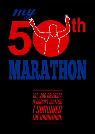 simsearch:400-08629212,k - Poster greeting card illustration showing a silhouette of Marathon runner flashing victory hand sign done in retro style set inside circle with words 50th marathon. Fotografie stock - Microstock e Abbonamento, Codice: 400-07325253