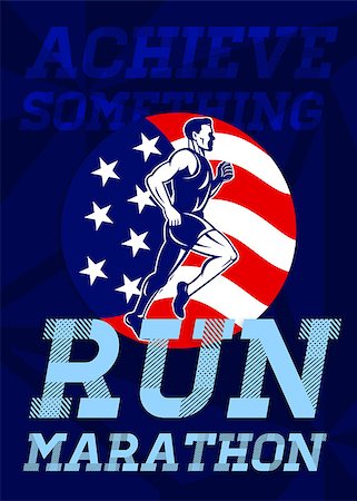 simsearch:400-08629212,k - Poster greeting card illustration showing a male Marathon road runner jogger fitness training road running with American flag stars and stripes in background inside circle with words Achieve something, Run the Marathon. Fotografie stock - Microstock e Abbonamento, Codice: 400-07325267