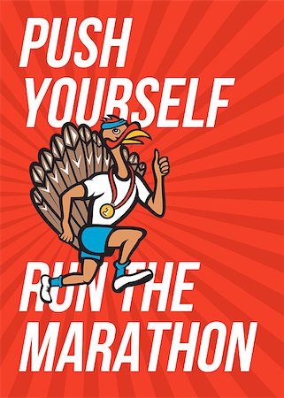 Poster greeting card illustration showing a wild turkey run trot running runner thumbs up wearing medal done in cartoon style with words Push yourself to the limit, Run the Marathon. Stock Photo - Budget Royalty-Free & Subscription, Code: 400-07325272