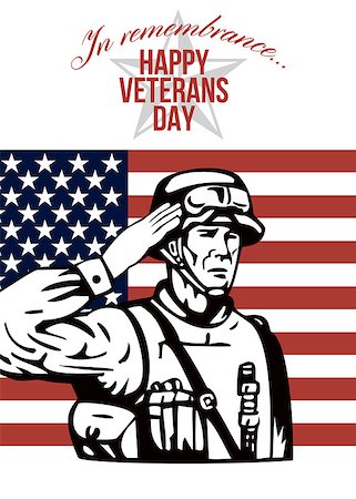 simsearch:400-07325294,k - Greeting card poster showing illustration of an American soldier serviceman saluting with stars and stripes flag in background Happy Veterans Day. Fotografie stock - Microstock e Abbonamento, Codice: 400-07325285