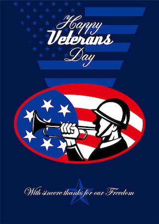 simsearch:400-07116843,k - Greeting card poster showing illustration of an American soldier with bugle and stars and stripes flag set inside ellipse done in retro style with words Happy Veterans Day with sincere thanks four our freedom. Foto de stock - Super Valor sin royalties y Suscripción, Código: 400-07325296