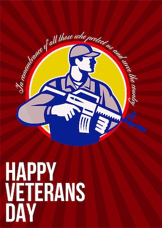 simsearch:400-07325294,k - Greeting card poster showing illustration of an American soldier serviceman with assault rifle looking to side set inside circle with words Happy Veterans day. Fotografie stock - Microstock e Abbonamento, Codice: 400-07325301