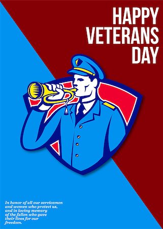 simsearch:400-07325294,k - Greeting card poster showing illustration of an American soldier with bugle bugling set inside crest shield done in retro style with words Happy Veterans Day in honor of all servicemen. Fotografie stock - Microstock e Abbonamento, Codice: 400-07325303