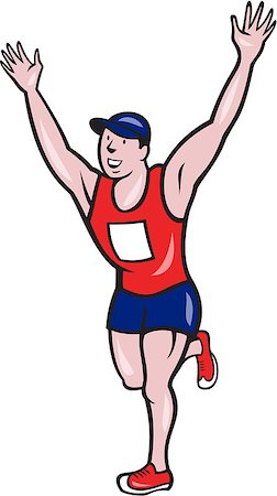Illustration of a happy marathon runner running with hands up winning finishing race done in cartoon style on isolated white background Stock Photo - Budget Royalty-Free & Subscription, Code: 400-07325310
