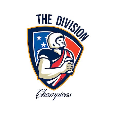 simsearch:400-07316059,k - Illustration of an american football gridiron quarterback player holding preparing to throw ball facing front set inside crest shield with stars and stripes flag done in retro style with words The Division Champions. Photographie de stock - Aubaine LD & Abonnement, Code: 400-07325327