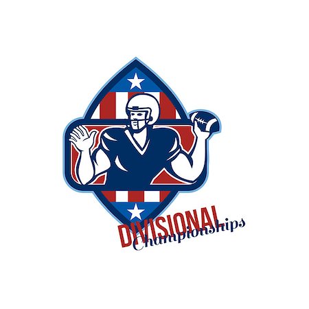 simsearch:400-07835465,k - Illustration of an american football gridiron quarterback player throwing ball facing side set inside crest shield with stars and stripes flag done in retro style with words Divisional Championships. Stock Photo - Budget Royalty-Free & Subscription, Code: 400-07325334