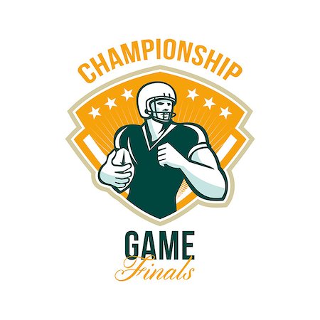 simsearch:400-07316059,k - Illustration of an american football gridiron runningback player running with ball set inside crest shield done in retro style with words Championship Game Finals. Photographie de stock - Aubaine LD & Abonnement, Code: 400-07325335